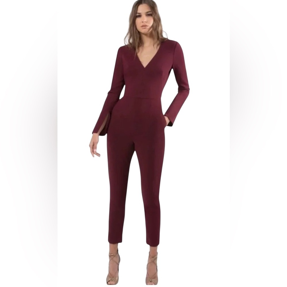 Black Halo Sambra Jumpsuit Designer Bell Split Sleeve Plunge Neck Size 2